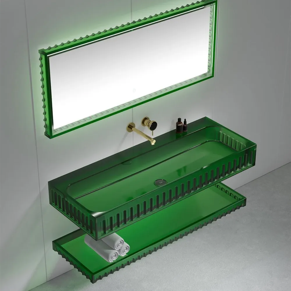 Set mobilier cu lavoar pe perete, raft si oglinda, 120 cm, verde transparent, finisaj mat, MonBlari