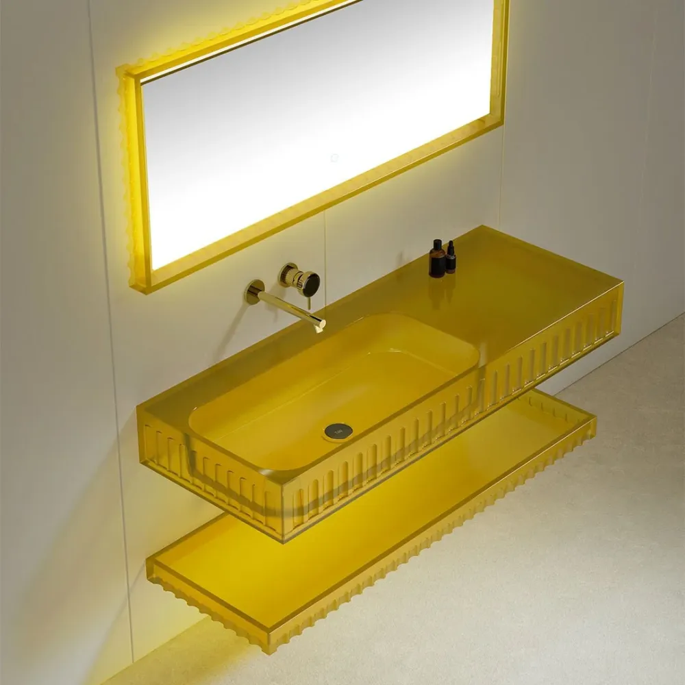 Set mobilier cu lavoar pe perete, raft si oglinda, 120 cm, galben transparent, finisaj mat, MonBlari