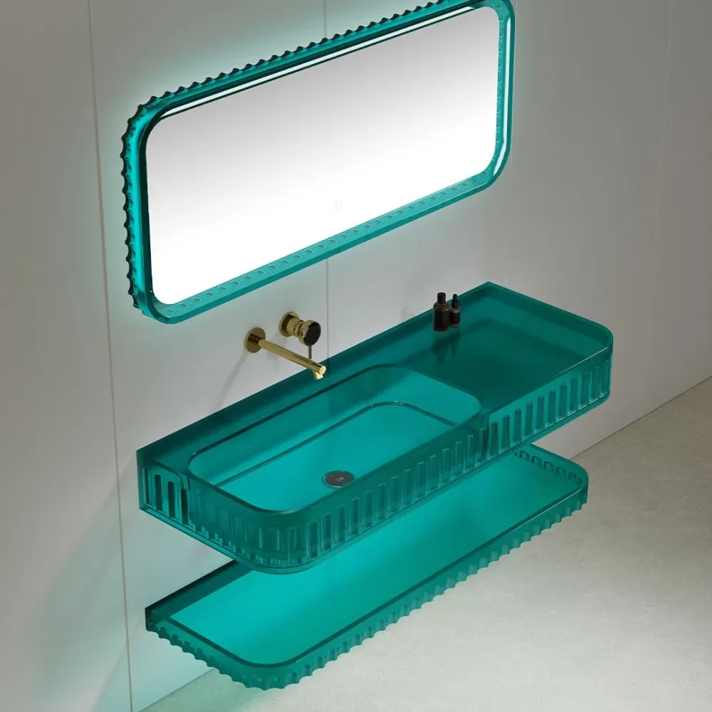 Set mobilier cu lavoar pe perete, raft si oglinda, 120 cm, albastru transparent, finisaj mat, MonBlari