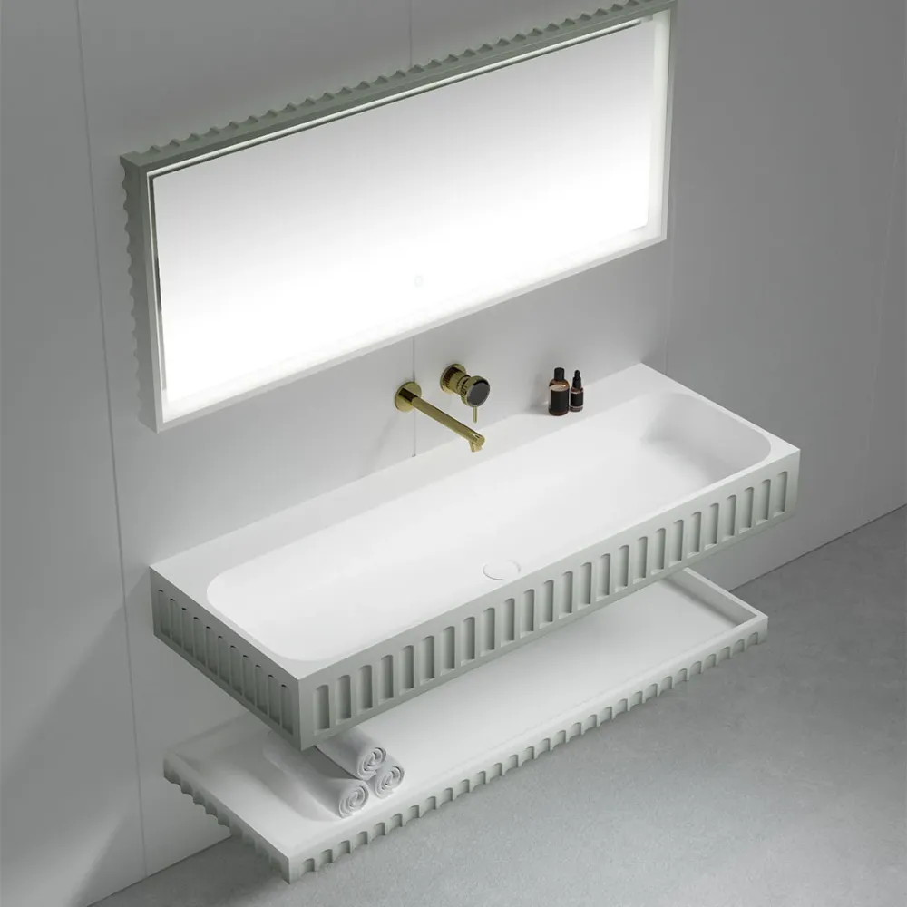Set mobilier cu lavoar pe perete, raft si oglinda, din compozit, 90 cm, alb, finisaj mat, MonBlari