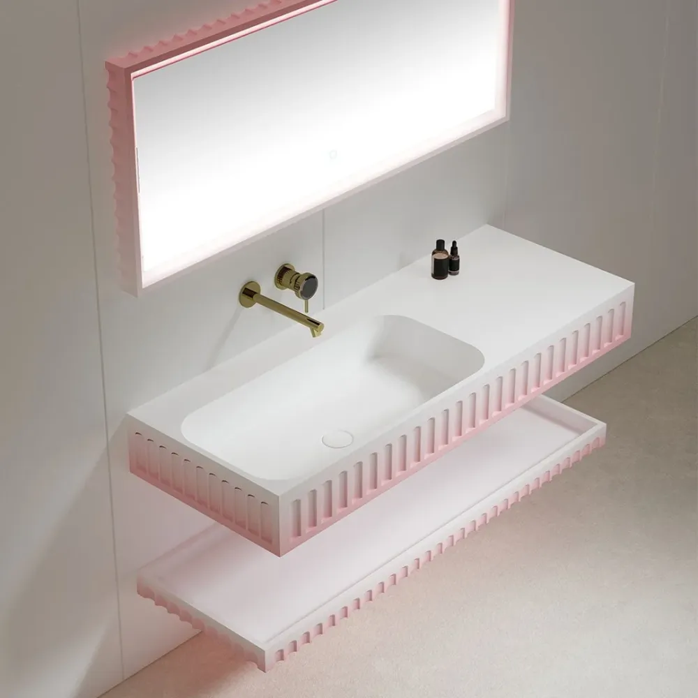 Set mobilier cu lavoar pe perete, raft si oglinda, din compozit, 120 cm, alb cu roz, finisaj mat, MonBlari