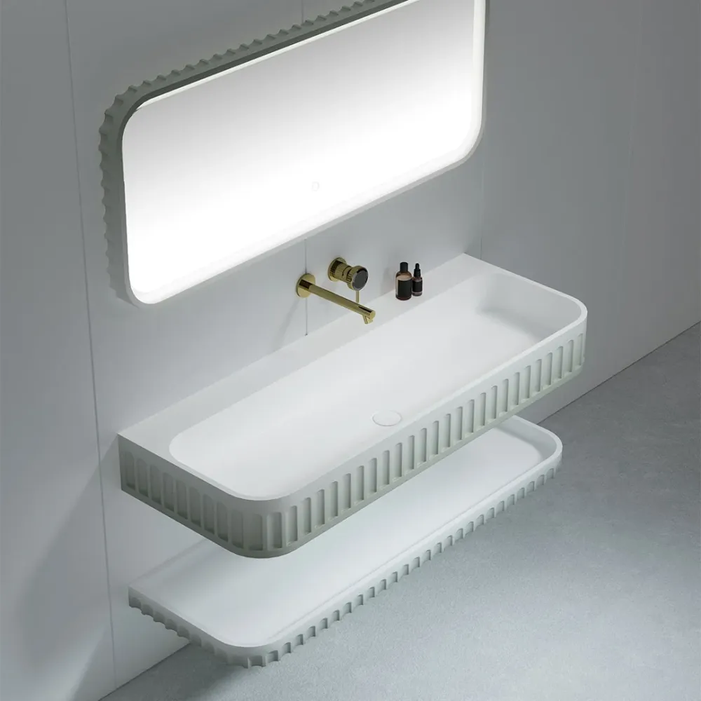 Set mobilier cu lavoar pe perete, raft si oglinda, din compozit, 120 cm, alb, finisaj mat, margini rotunjite, MonBlari