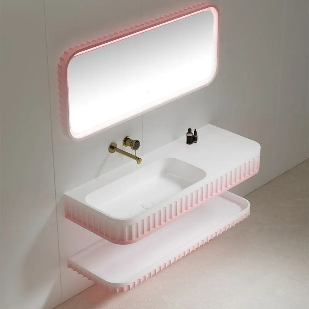 Set mobilier cu lavoar pe perete, raft si oglinda, din compozit, 90 cm, alb, finisaj mat, cu margini rotunjite, MonBlari