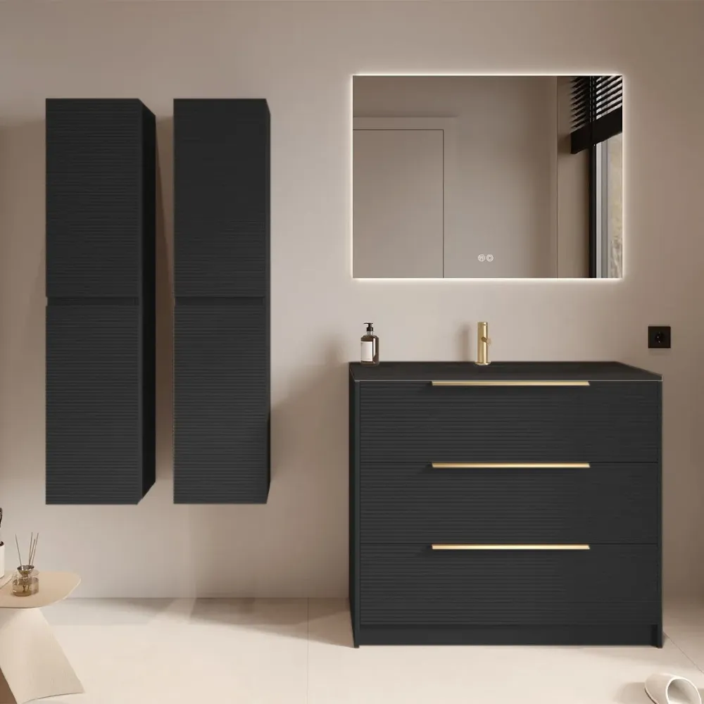 Set mobilier negru mat cu 2 coloane suspendate, lavoar incastrat negru mat și oglindă, cu riflaje Dogato, 100 cm, SaviniDu...
