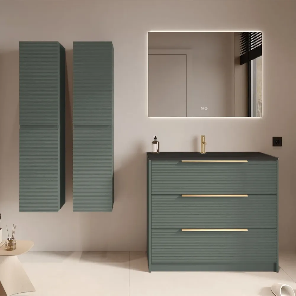 Set mobilier verde salvie cu 2 coloane suspendate, lavoar incastrat negru mat și oglindă, cu riflaje Dogato, 100 cm, Savin...