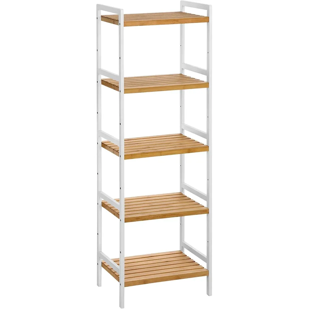SONGMICS Etajera bambus 5 rafturi, pentru baie, bucatarie sau living, 45x32x142 cm, alb natur