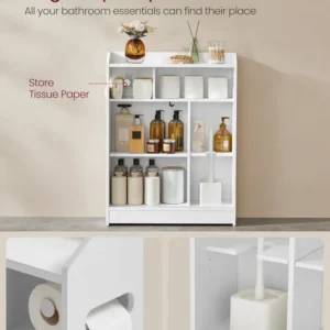VASAGLE Dulap baie ingust, cu suport hartie igienica si compartiment perie WC, usi glisante, rafturi reglabile, 20x60x80 c...
