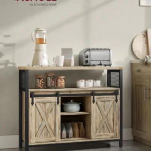 VASAGLE Comoda pentru living sau bucatarie, cu 2 usi glisante, rafturi reglabile, stil rustic, 33x100x80 cm, maro natur