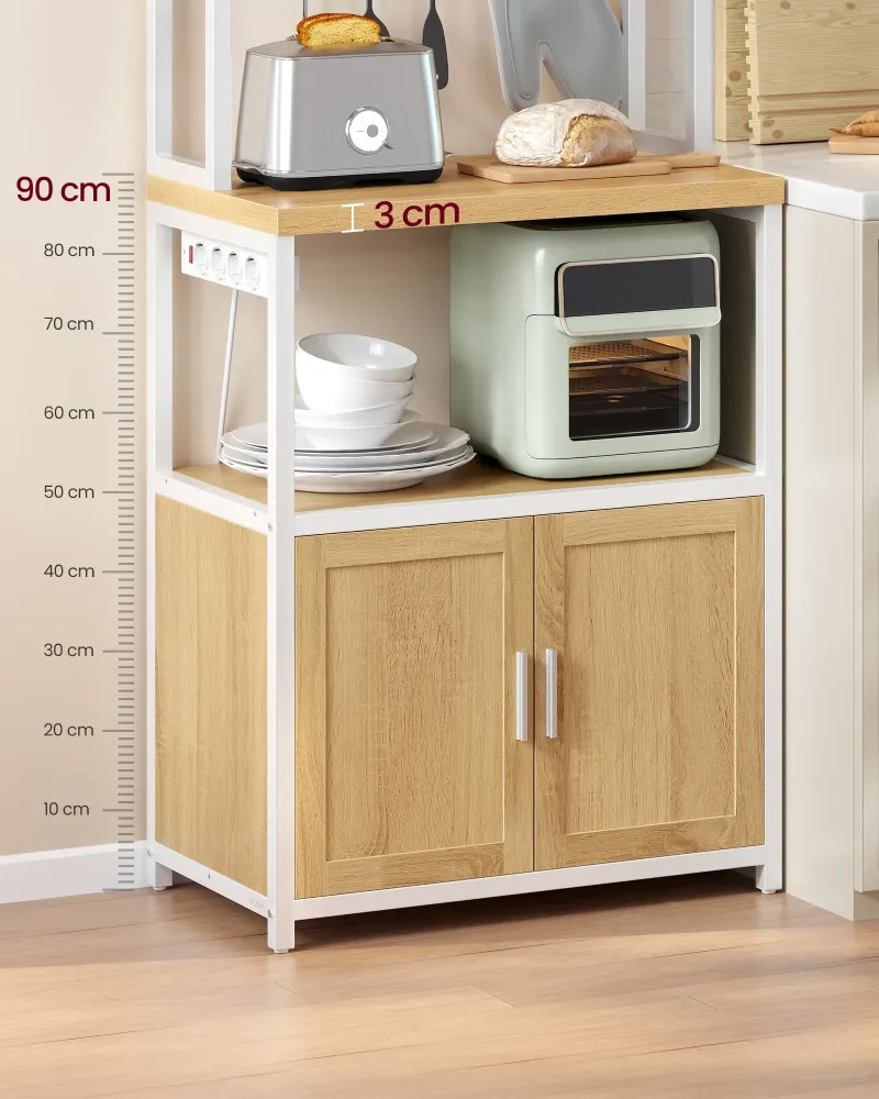 VASAGLE Raft bucatarie cu 4 prize, blat de lucru 90 cm, raft microunde, dulap si carlige, 40x60x170 cm, alb si stejar
