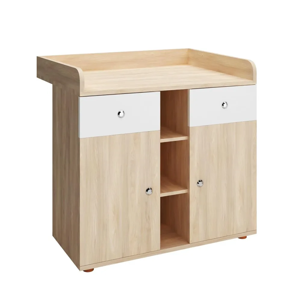 Comoda cu zona de infasare copil, 2 sertare, 5 compartimente, 90 x 69 x 92 cm, culoare stejar