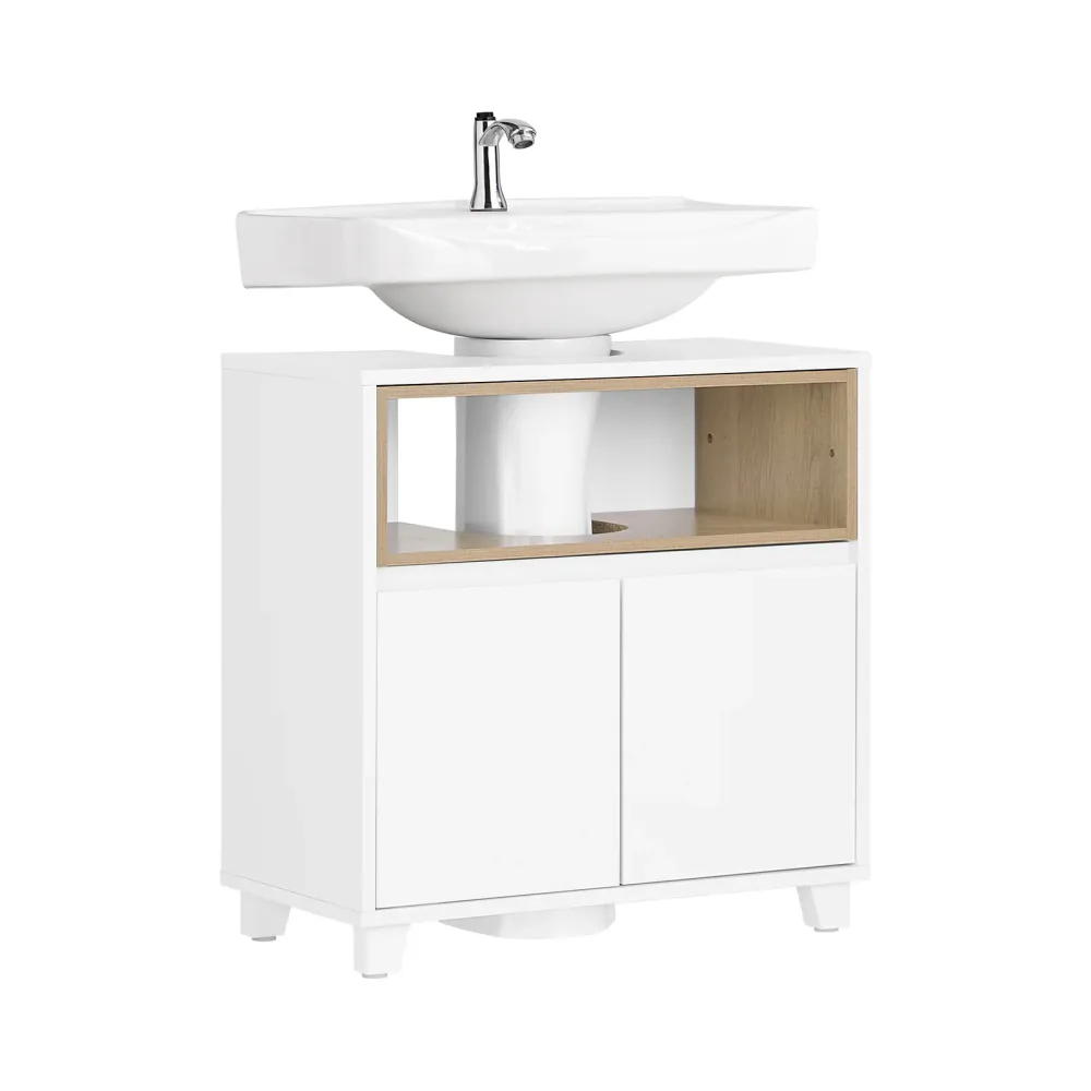 SoBuy BZR148-W Mobilier de baie cu ușă și 2 rafturi, design alb-lemn, ideal pentru chiuvetă, mobilier de baie modular 60x3...