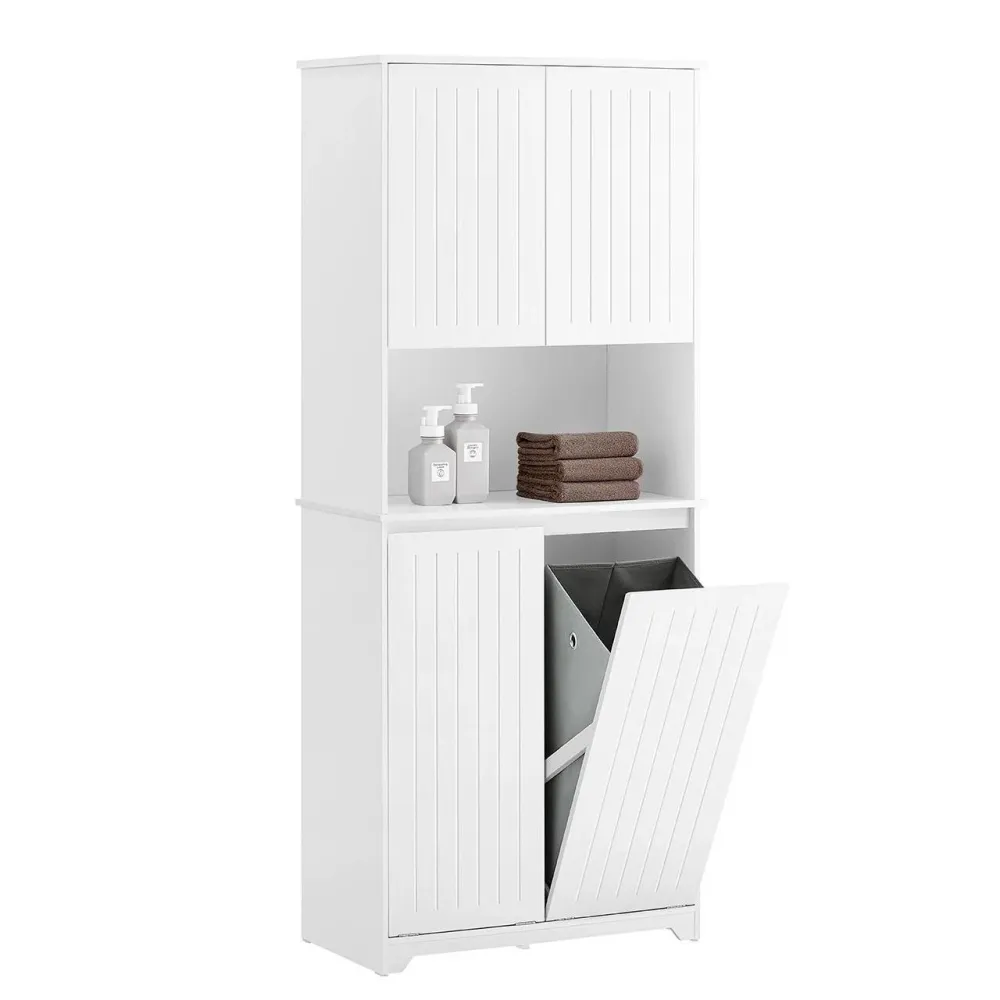 SoBuy BZR150-W Coloană de baie albă cu suport pentru rufe, 2 uși și coșuri - Dulap pentru rufe și mobilier de baie multifu...