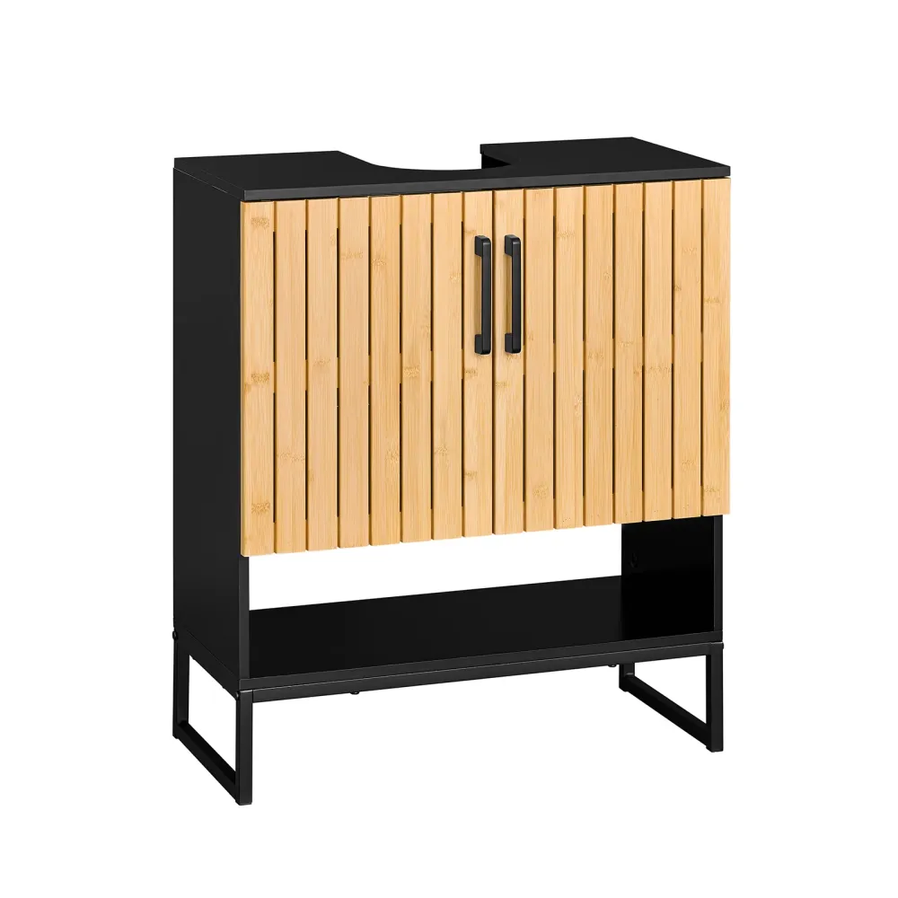 SoBuy BZR202-SCH Mecanism de baie de 60 cm Dulap economisitor de spațiu cu uși din bambus și picioare metalice Dulap moder...