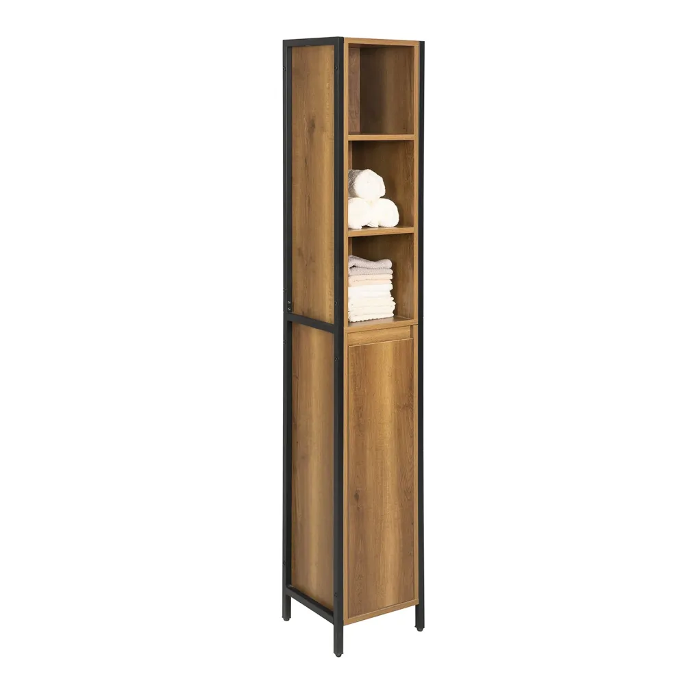 SoBuy BZR62-PF Coloană de baie înaltă și îngustă de sine stătătoare cu 3 rafturi și ușă - Dulap vintage cu economie de spa...