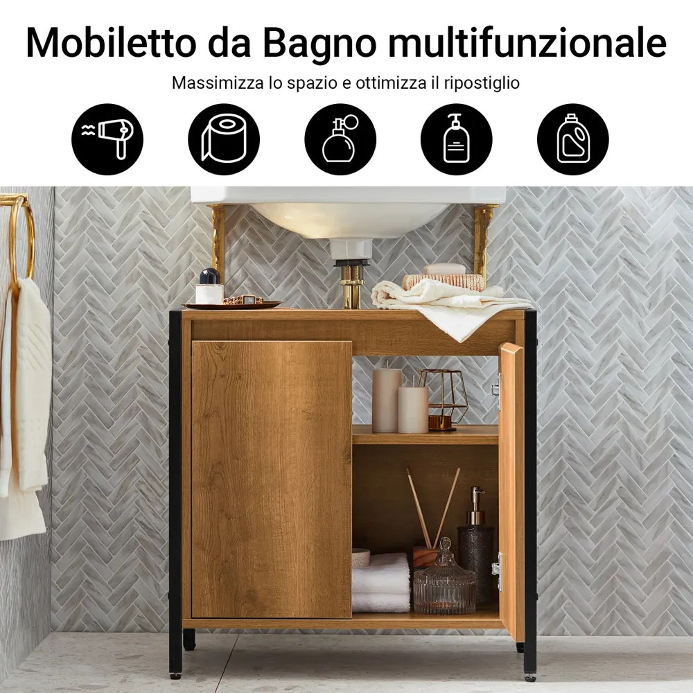 SoBuy BZR63-PF Dulap de baie cu economie de spațiu, cu 2 uși și raft, dulap sub chiuvetă cu picioruse reglabile 60x60x30 cm