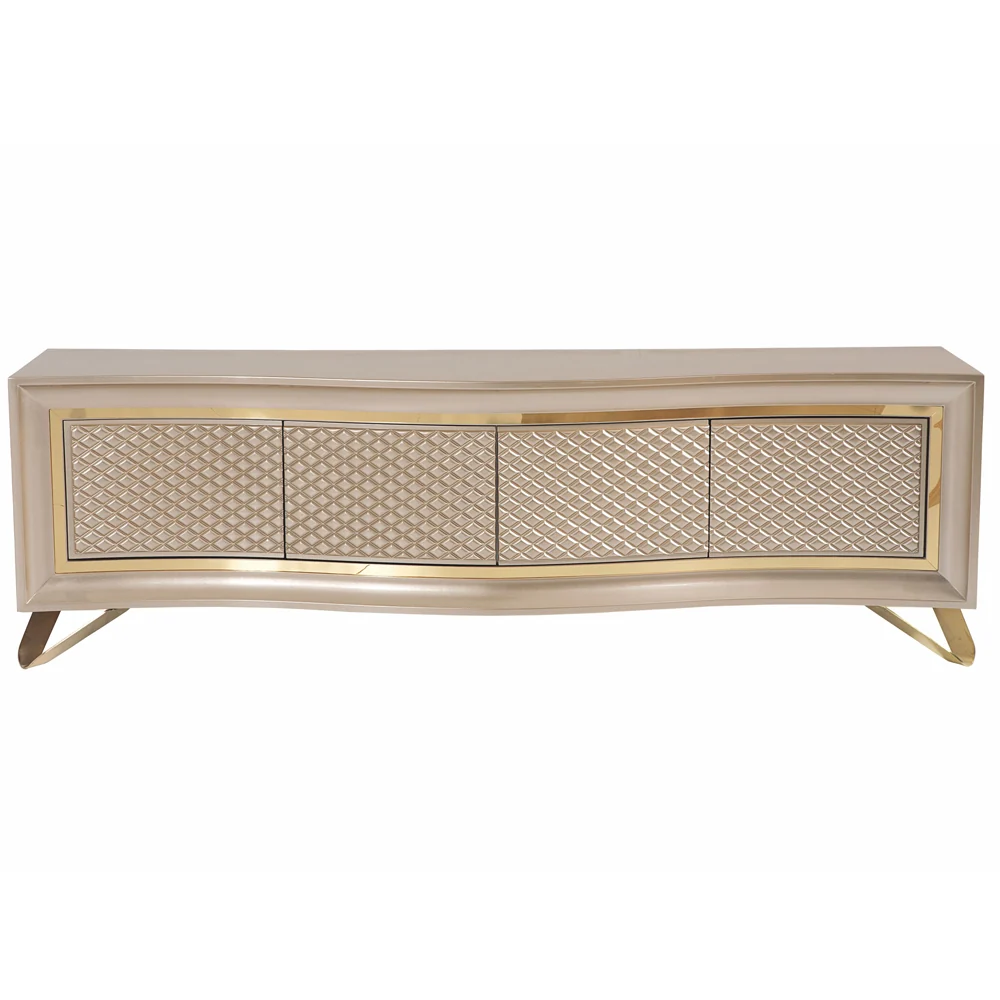 Comodă ZEN ASI HOME, 200 cm, design glam crem/auriu, fronturi 3D diamant, 4 uși, stil lux contemporan