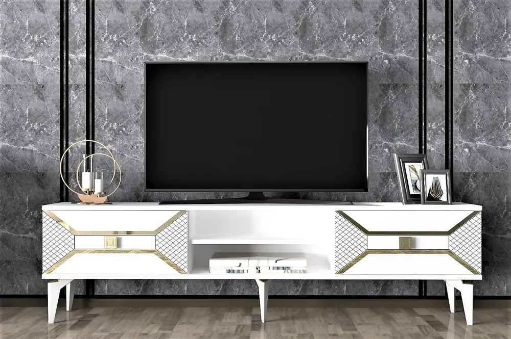 Comoda TV Asi Home Yumedi, 150 cm x 50 cm x 30 cm, Alb, Auriu