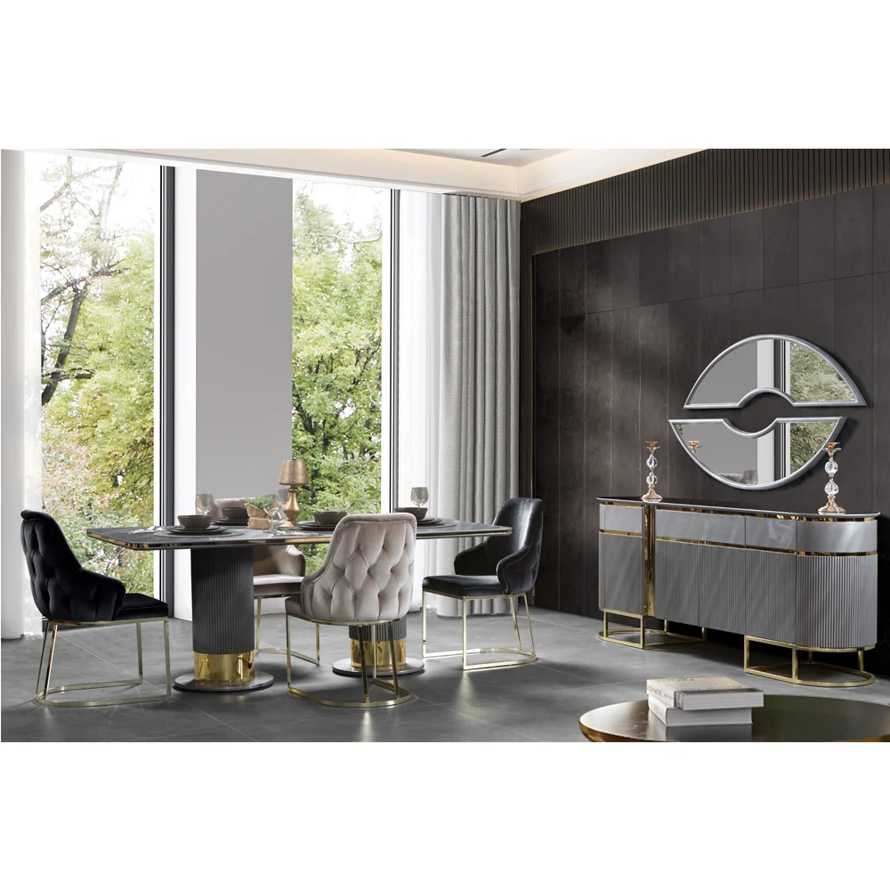 Consolă BOLD ASI HOME, 220 cm, design modern gri & auriu, MDF canelat, blat marmură