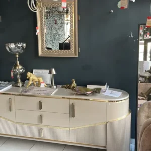 Consolă STAR ASI HOME, 220 cm, design futurist crem & auriu, MDF texturat, blat tip marmură, 6 compartimente