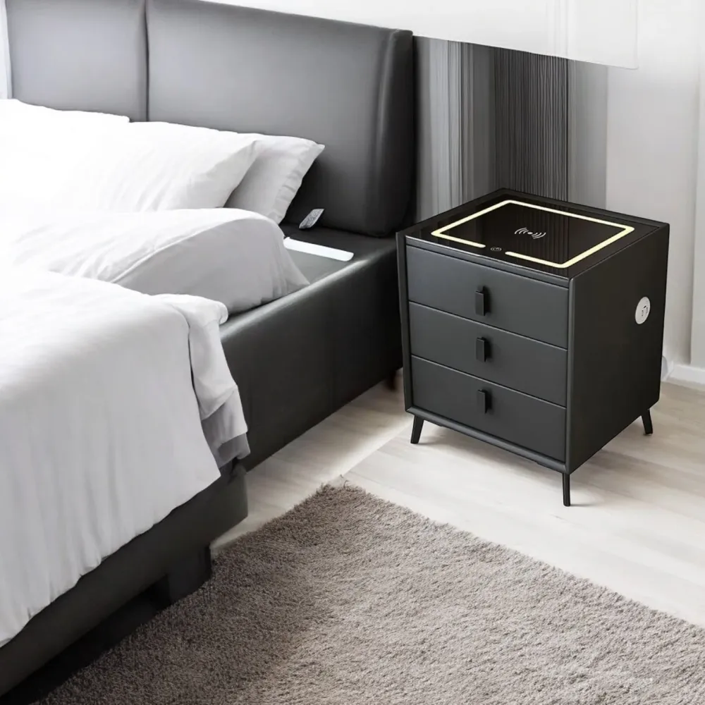 Noptiera Neagra Smart cu Incarcare Wireless, Lumini, Amprenta si Boxa Bluetooth