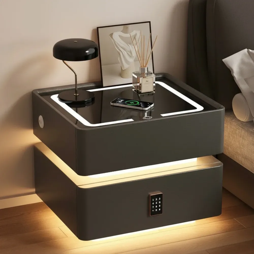 Noptiera Neagra Smart cu Incarcare Wireless, Lumini, Amprenta, Boxa Bluetooth si Blocare cu Cod