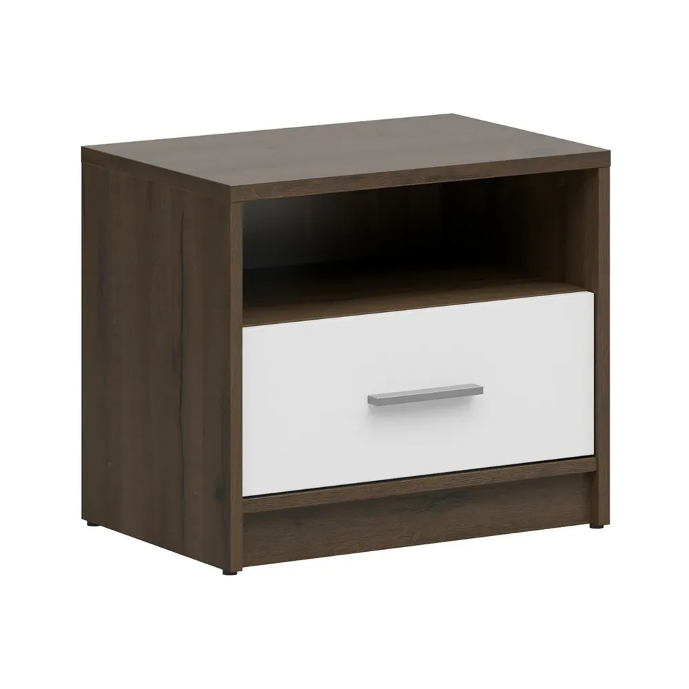 Noptiera NEPO PLUS, stejar inchis/alb, PAL laminat 50x34x43 cm