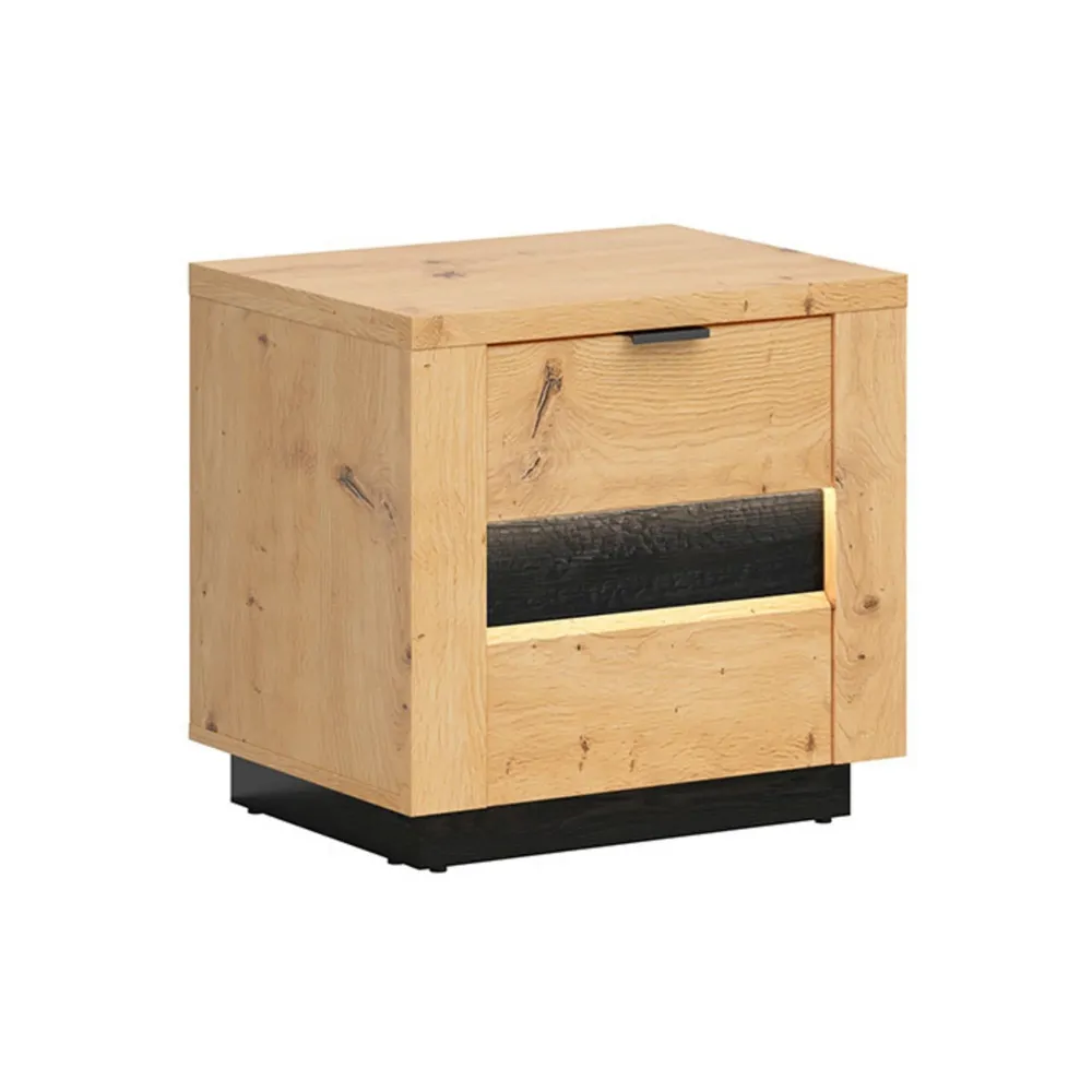 Noptiera OSTIA, stejar artizanal/negru, PAL, cu iluminare LED, 54x42x51.5 cm