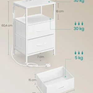 SONGMICS Noptiera cu statie de incarcare si iluminare LED, 2 sertare si raft deschis, control aplicatie, 40x35x60 cm, alb