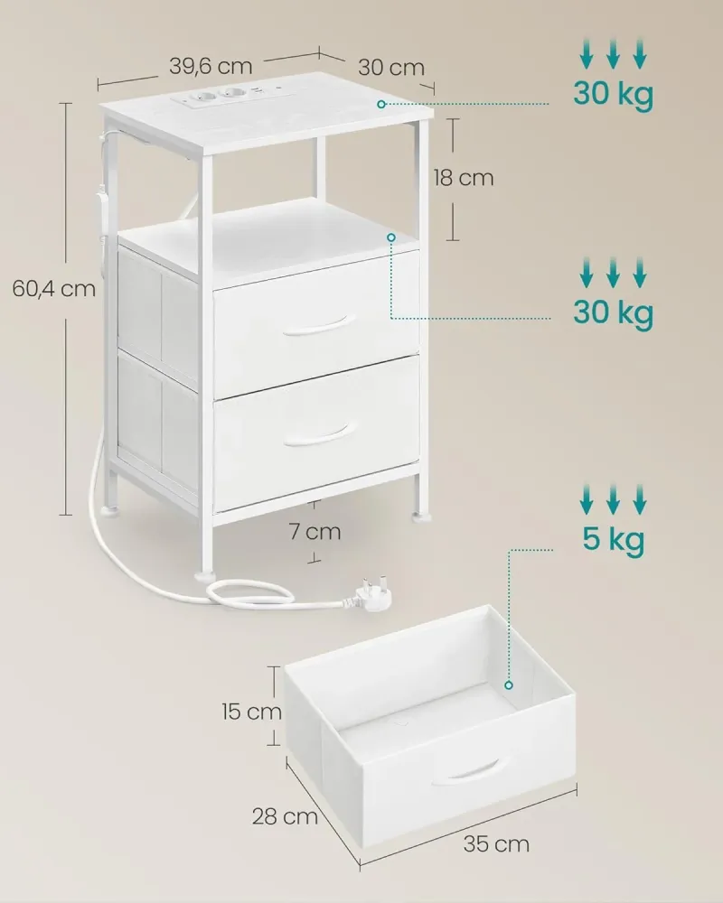 SONGMICS Noptiera cu statie de incarcare si iluminare LED, 2 sertare si raft deschis, control aplicatie, 40x35x60 cm, alb