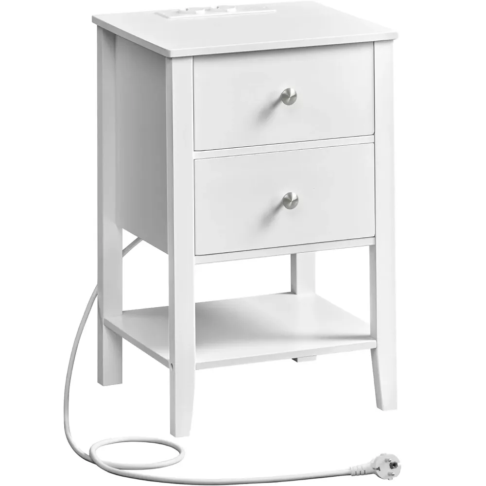 VASAGLE Noptiera din bambus, cu 2 sertare, 2 prize si 2 USB, 35x40x60 cm, alb