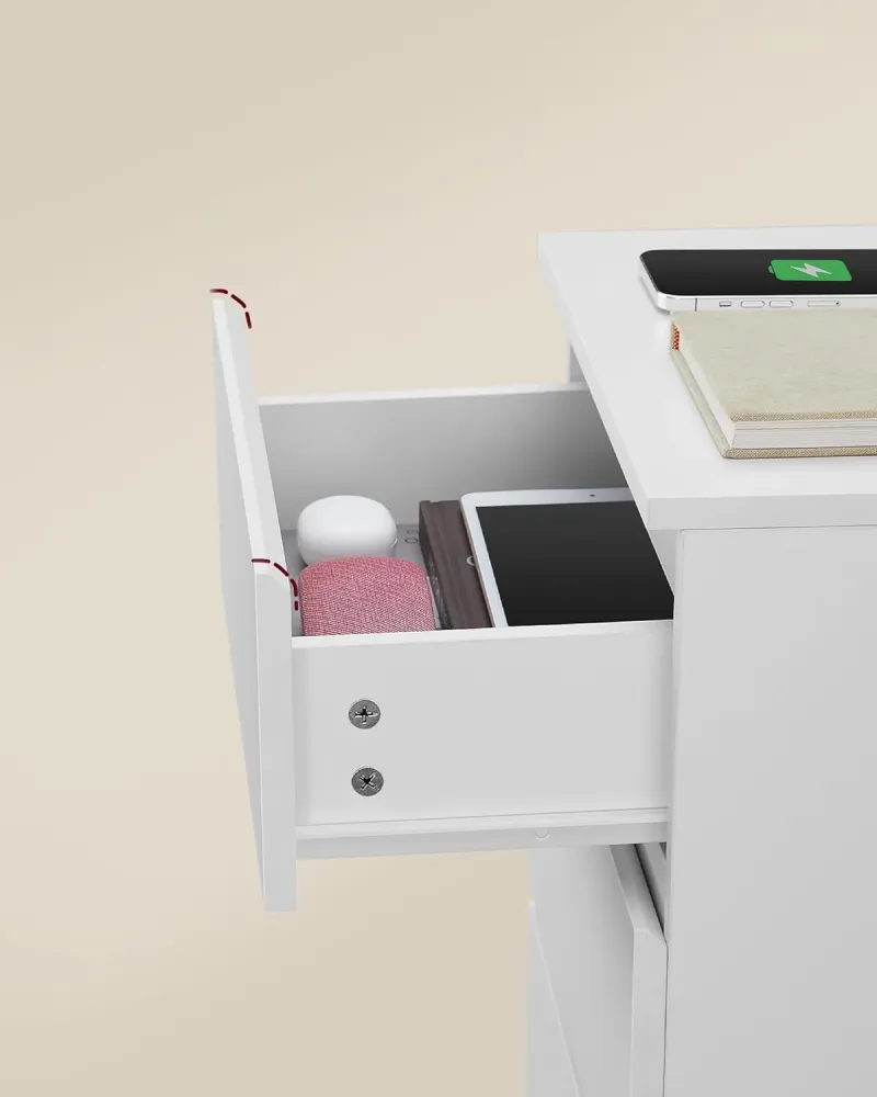 VASAGLE Noptiera cu 3 sertare, din PAL, cu 2 prize si 2 porturi USB, 40x35x59 cm, alb