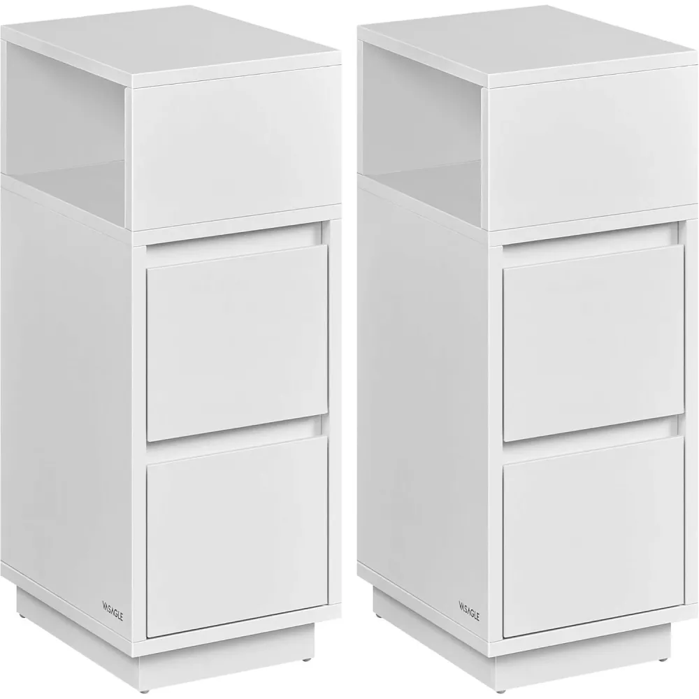 VASAGLE Set 2 noptiere inguste cu 2 sertare si compartiment deschis reversibil, PAL si MDF, 30x25x65 cm, alb
