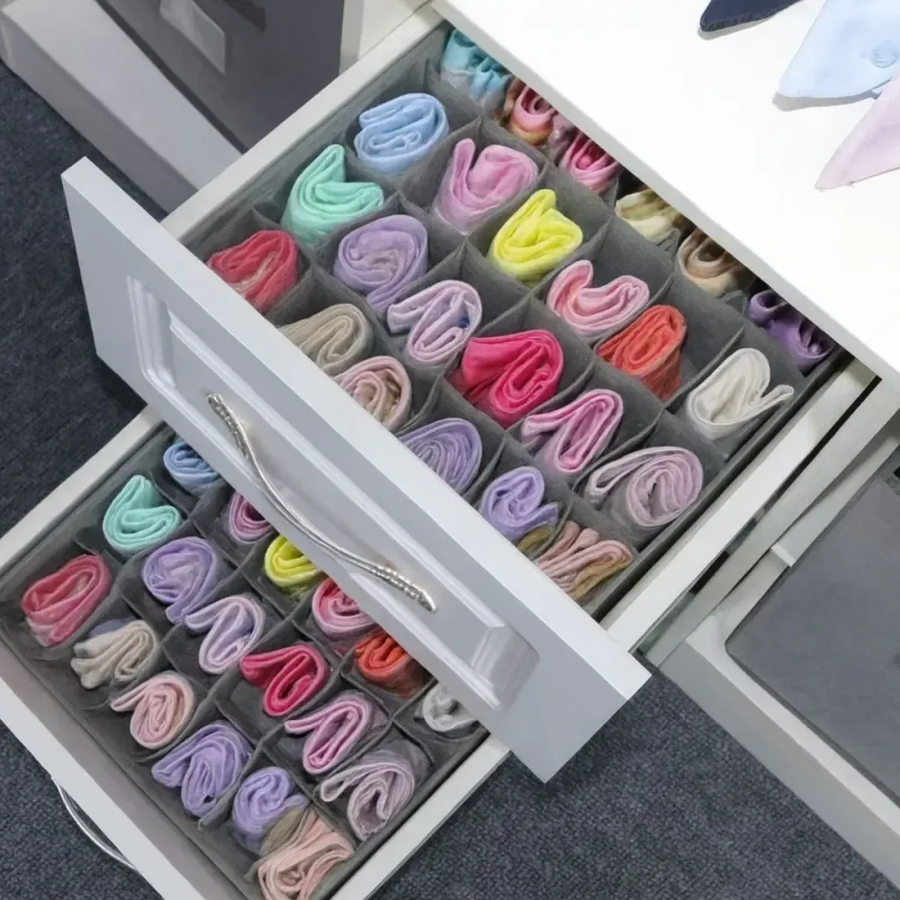 Organizator pliabil de dulap sau sertar, 20 compartimente, Naimeed D7683, Dimensiuni 30x30x10 cm, Gri