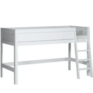 Pat copii semi-inalt cu scara inclinata, lemn de pin, alb, 90x200 cm
