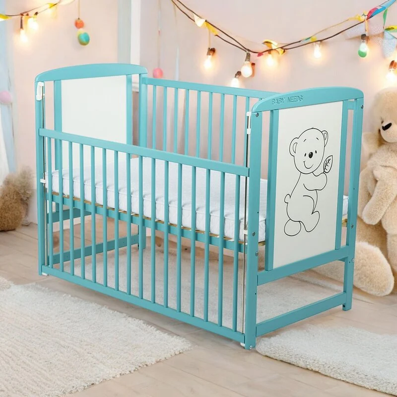Patut din lemn bebe, 120x60 cm, Cu laterala culisanta, Din lemn de pin si mdf, Stabil si rezistent, Inaltime saltea reglab...