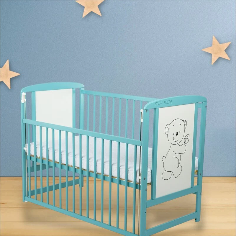 Patut din lemn bebe, 120x60 cm, Cu laterala culisanta, Din lemn de pin si mdf, Stabil si rezistent, Inaltime saltea reglab...