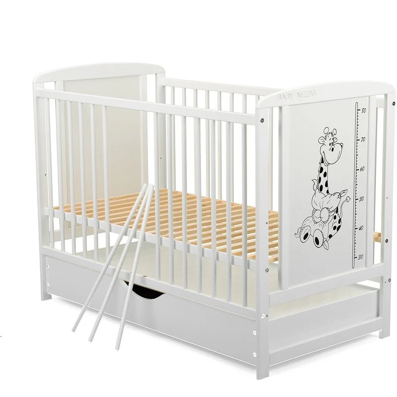 Patut din lemn bebe, 120x60 cm, Cu sertar cu capac, Din lemn de pin si mdf, Stabil si rezistent, Inaltime saltea reglabila...