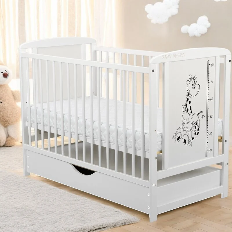Patut din lemn bebe, 120x60 cm, Cu sertar cu capac, Din lemn de pin si mdf, Stabil si rezistent, Inaltime saltea reglabila...