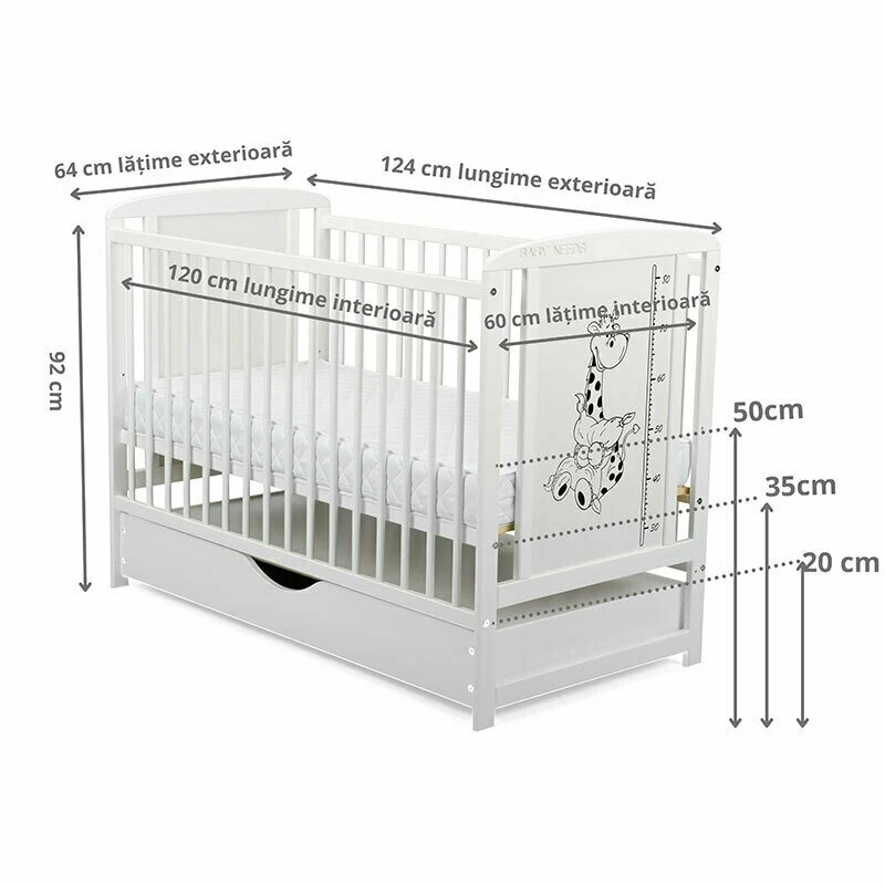 Patut din lemn bebe, 120x60 cm, Cu sertar cu capac, Din lemn de pin si mdf, Stabil si rezistent, Inaltime saltea reglabila...