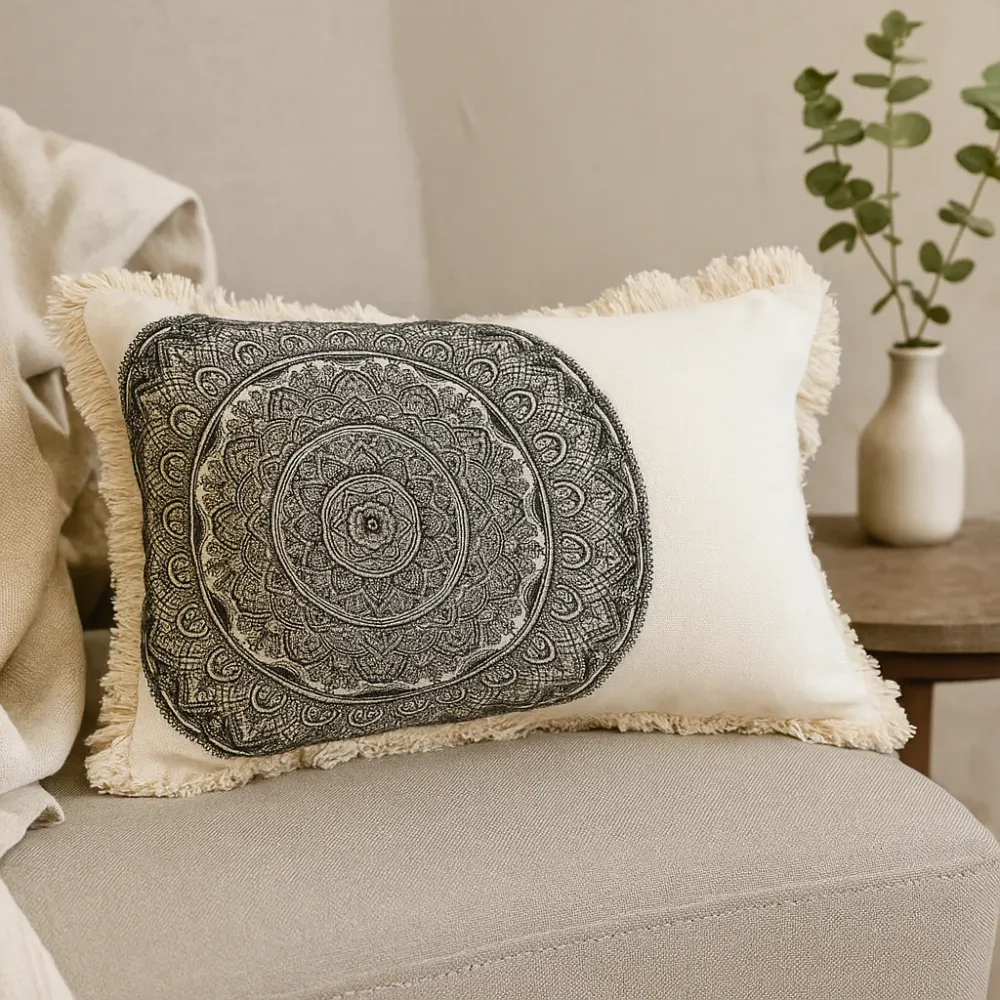 Husă de pernă bumbac mandala 30x50cm negru