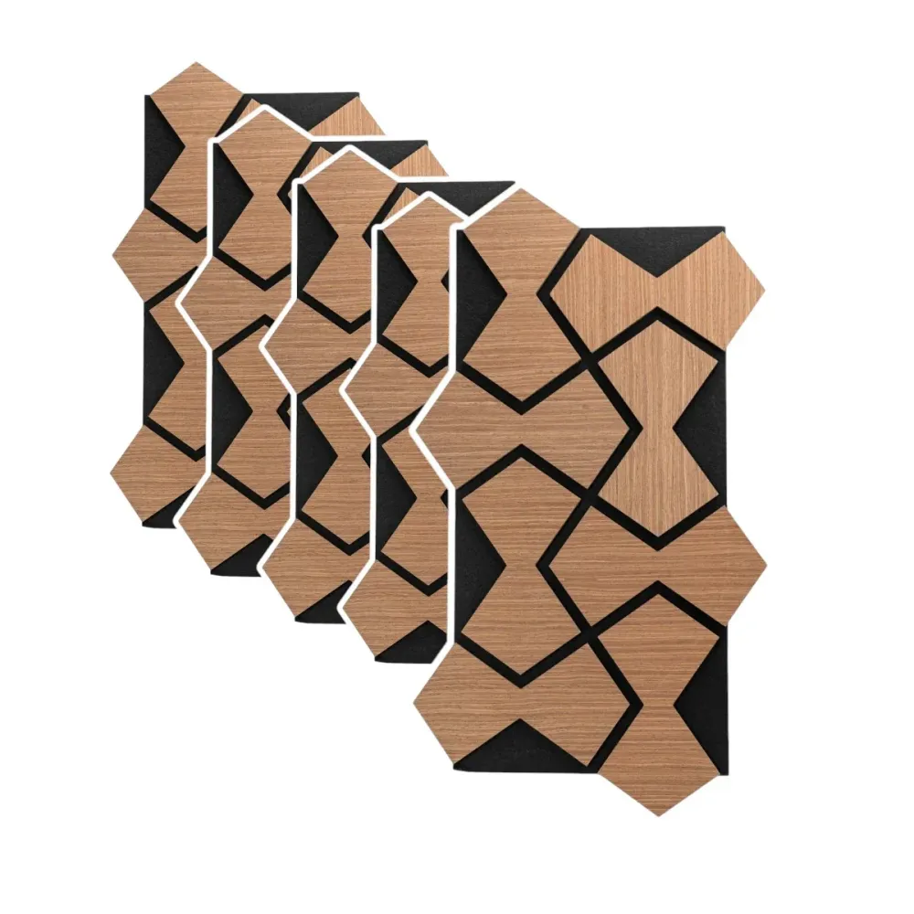 Set 5 Panouri riflaje acustice decorative, HDF si pasla, Naimeed D6753, 85x48x1.8cm, Stejar Inchis