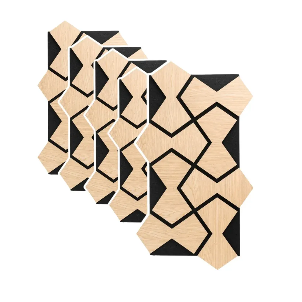 Set 5 Panouri riflaje acustice decorative, HDF si pasla, Naimeed D6754, 85x48x1.8cm, Stejar deschis