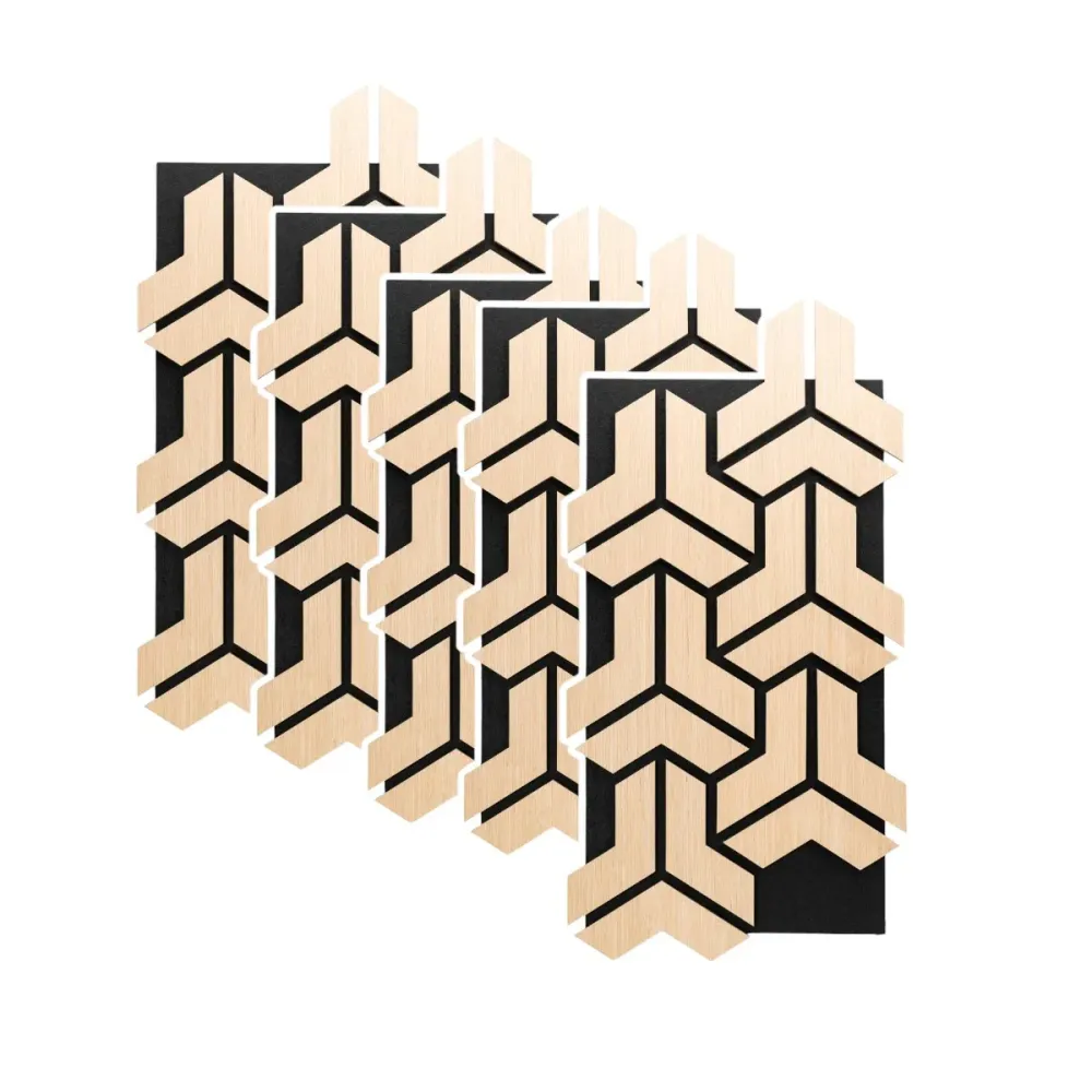 Set 5 Panouri riflaje acustice decorative, HDF si pasla, Naimeed D6759, 90x45x1.8cm, Stejar deschis