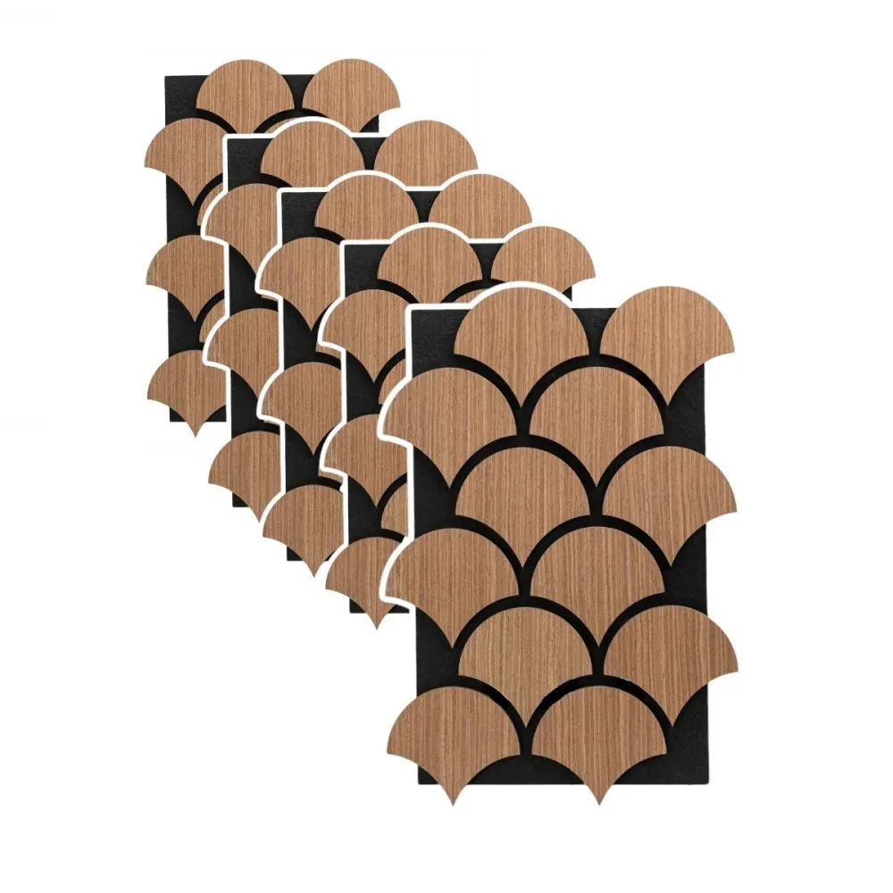 Set 5 Panouri riflaje acustice decorative, HDF si pasla, Naimeed D6764, 60x40x1.8cm, Stejar inchis