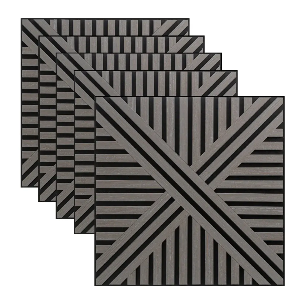 Set 5 Panouri riflaje acustice decorative, MDF si pasla, Naimeed D6765, 60x60x1.8cm, Gri