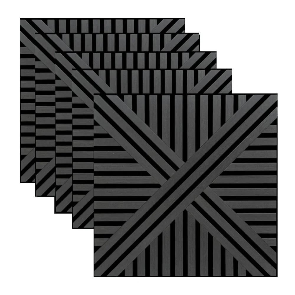 Set 5 Panouri riflaje acustice decorative, MDF si pasla, Naimeed D6766, 60x60x1.8cm, Negru