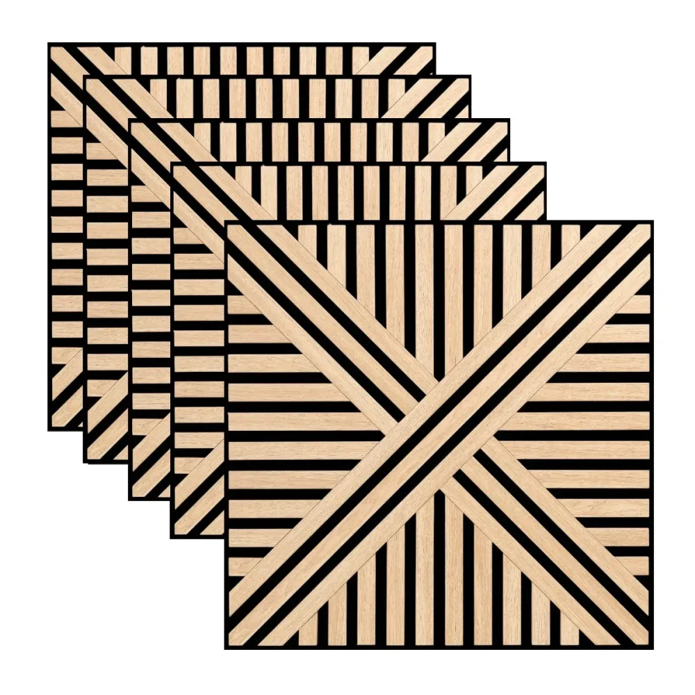 Set 5 Panouri riflaje acustice decorative, MDF si pasla, Naimeed D6767, 60x60x1.8cm, Stejar