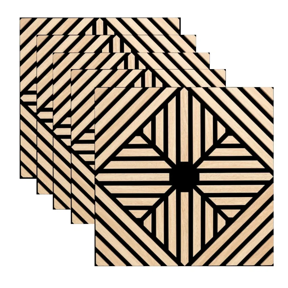 Set 5 Panouri riflaje acustice decorative, MDF si pasla, Naimeed D6768, 60x60x1.8cm, Stejar