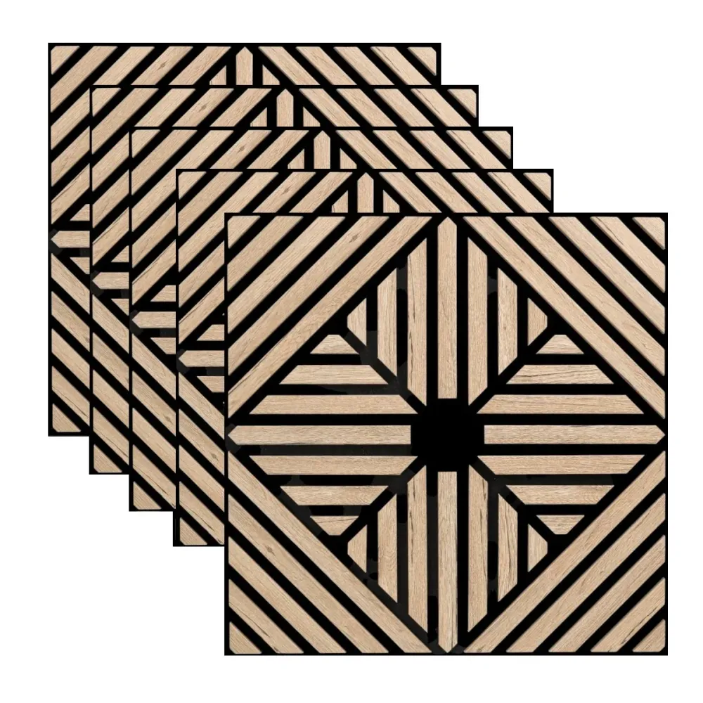 Set 5 Panouri riflaje acustice decorative, MDF si pasla, Naimeed D6769, 60x60x1.8cm, Stejar inchis
