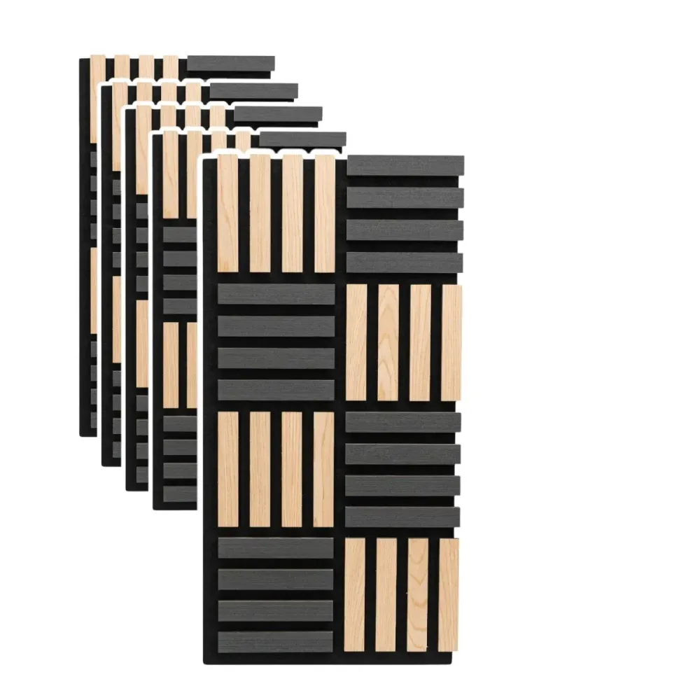 Set 5 Panouri riflaje acustice decorative, MDF si pasla, Naimeed D6771, 60x40x2.1cm, Stejar/Negru